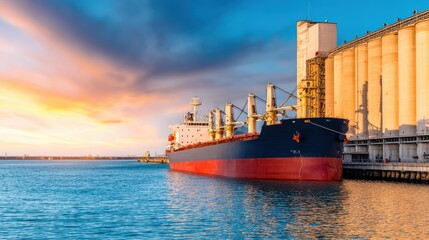 Cargo ship docked at a bustling port during sunset, with grain silos and vibrant sky in the background