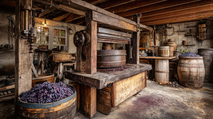 Fototapeta premium Rustic winery interior with grape crusher and wooden barrels during harvest season