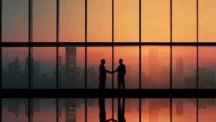 Business handshake at sunset viewed through a high-rise window