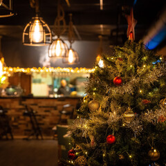 Restaurant bar during Christmas time. Christmas decorations restaurant