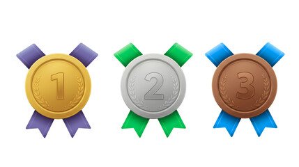 Three award medals, gold, silver, and bronze, with ribbons, in a horizontal row.