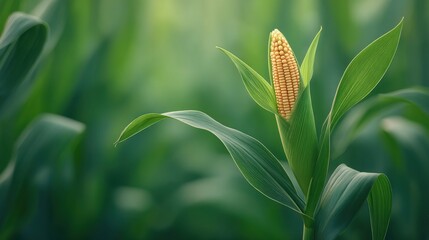 Close-Up of a Young Corn Plant Emerging from Green Leaves in Bright Field with Soft Natural Light in Agricultural Landscape