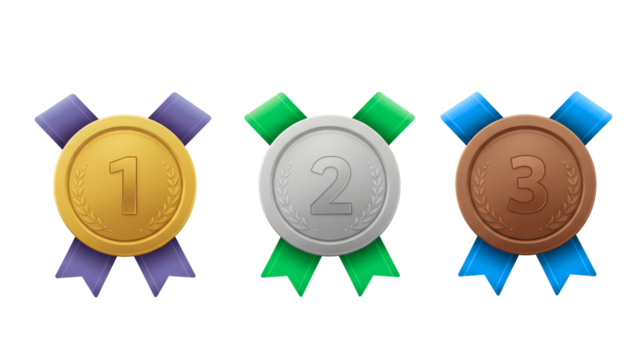 Three award medals, gold, silver, and bronze, with ribbons, in a horizontal row.