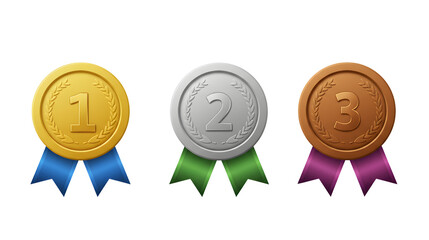 A set of realistic gold, silver, and bronze medals for first, second, and third place winners, isolated on a white background.