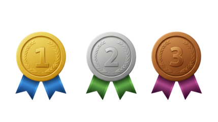 A set of realistic gold, silver, and bronze medals for first, second, and third place winners, isolated on a white background.