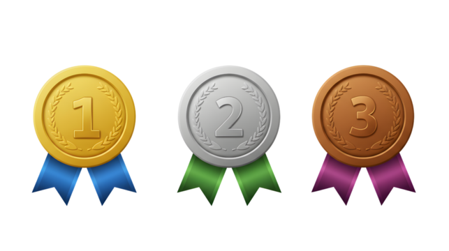 A set of realistic gold, silver, and bronze medals for first, second, and third place winners, isolated on a white background. - Powered by Adobe