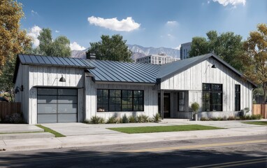 A modern farmhouse design showcases light gray wood siding and a dark gray metal roof.