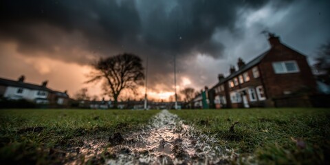 Wide angle view of a rugby field with white painted lines under a dramatic sky at sunset, showcasing the surrounding houses and trees. neutral background, clear negative space, clean composition