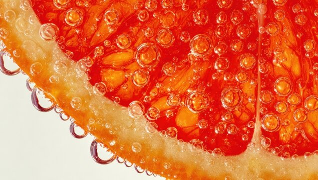 Close-up of a grapefruit slice with bubbles