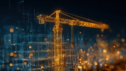 Digital crane over a futuristic city structure