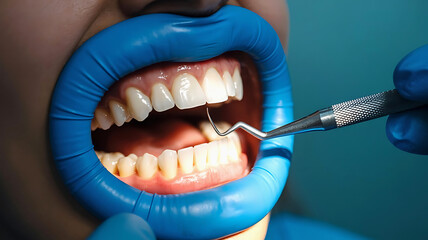 Close up of a patient s open mouth with a dental dam and dentist s tool examining teeth during a dental procedure