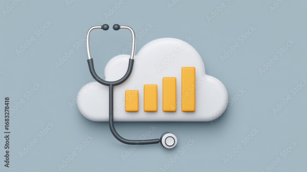 Poster cloud computing technology concept with stethoscope and bar graph representing healthcare data analy