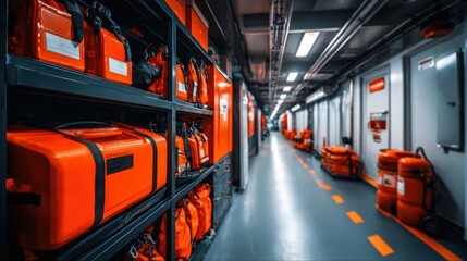 Organized storage area featuring bright orange equipment cases and emergency gear in a well-lit corridor