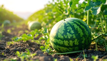 A ripe watermelon rests on the ground amidst a vibrant field of lush greenery, bathed in warm sunlight.