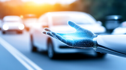 Futuristic Hand Gesturing Over a Highway with Cars