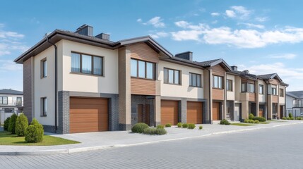 Fototapeta premium Modern townhouses with garages in a peaceful suburban neighborhood under blue sky and soft clouds, showcasing contemporary architecture and landscaped greenery