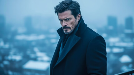 Mysterious and compelling gaze of distinguished man with groomed beard and dark attire, standing amidst melancholic, blurred winter city scene