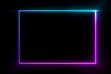 Neon light square frame on a black background, glowing border with copy space for text or a design element.