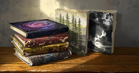 Illuminating stack of hardbacks resting on wooden tabletop, highlighting galaxy spiral covers - Powered by Adobe
