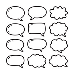 Collection of handdrawn speech bubbles and thought clouds in various shapes, isolated on white background technology background