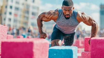 Determined muscular Black male athlete in intense focus, pushing off colorful pink and blue blocks during outdoor obstacle course challenge under bright sky.
