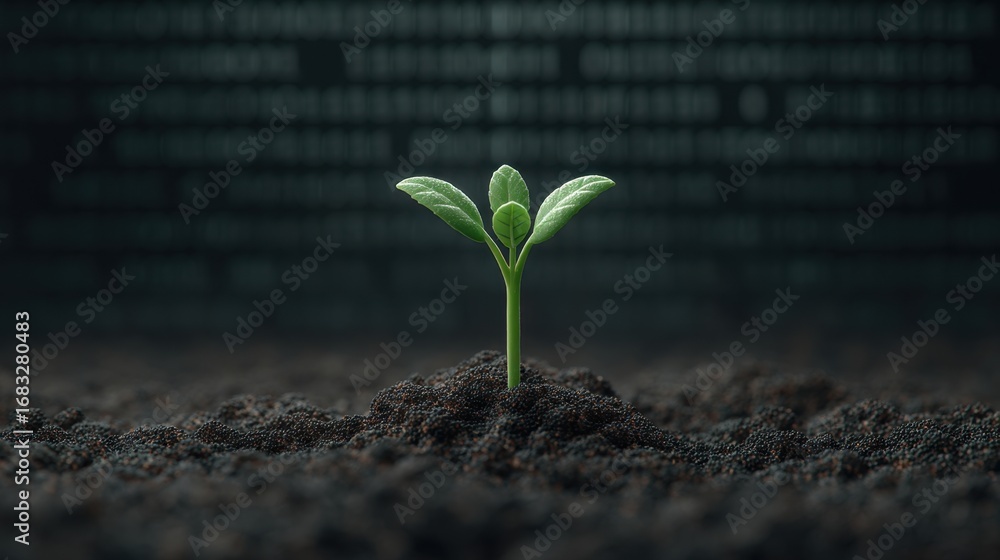 Poster fresh green seedling emerging from dark soil with binary code background representing growth and tec