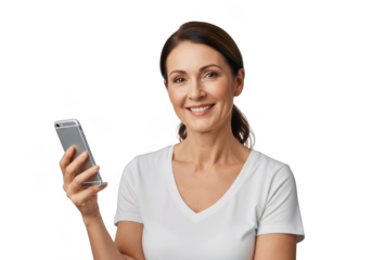 Smiling woman holding a smartphone indoors with a black background transparent background