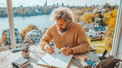 Creative bearded man with curly hair intently writing in journal at sunlit outdoor desk overlooking autumnal cityscape and river