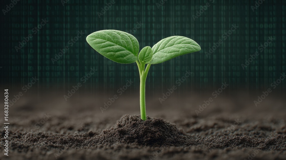 Poster green seedling emerging from dark soil with digital binary code background representing growth and t