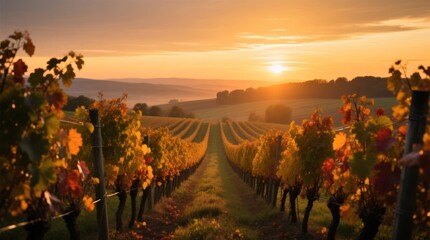 Golden sunset over vineyard rows