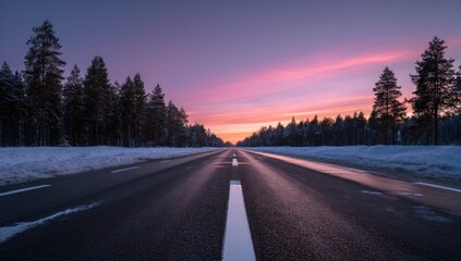 Snowy winter road at sunset