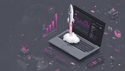 Laptop launching into space with data graphics
