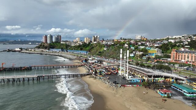 Vina del Mar in Chile with a rainbow. Beautiful aerial image of the coastline.