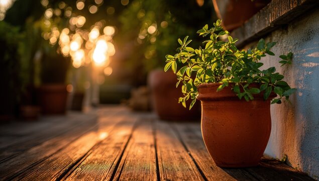 Sunset patio scene with terracotta pot
