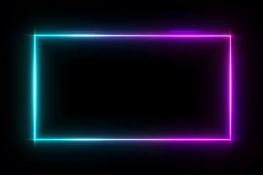 Neon light square frame on a black background, glowing border with copy space for text or a design element.