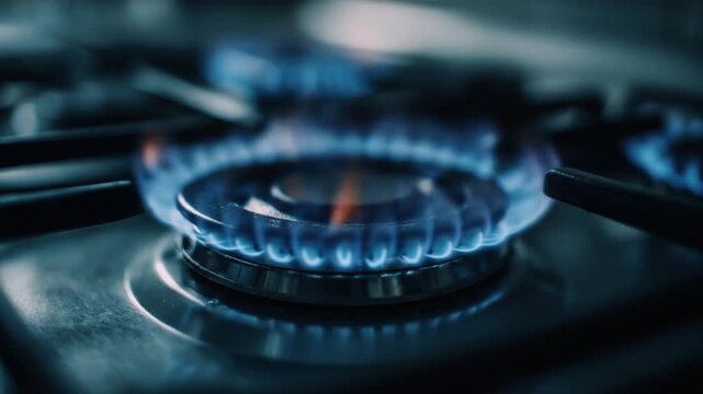 blue flame gas stove burner ignition fire closeup view