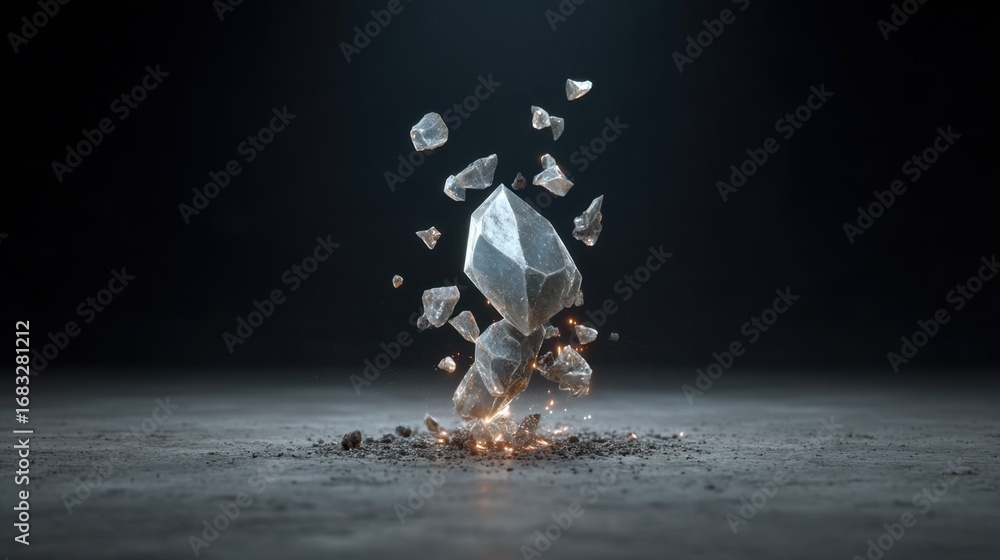 Poster shattered crystal fragments creating sparkling dust with dark background in artistic display of ligh