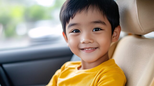 A happy and smiling Asian little boy with black hair sits inside a vehicle, isolated in white background wearing a bright yellow shirt with a soft blurred background. Focus on joyful childhood.