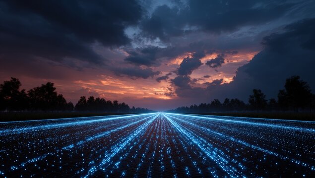 Twilight road, glowing lines