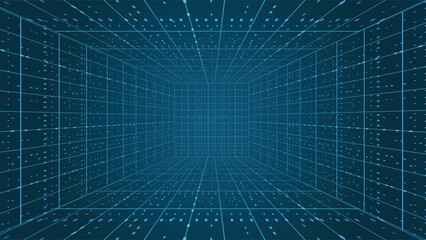 Abstract 3D digital tunnel with glowing blue grid and dots, perfect for cyber, futuristic, modern technology, data, innovation, and virtual themed design projects