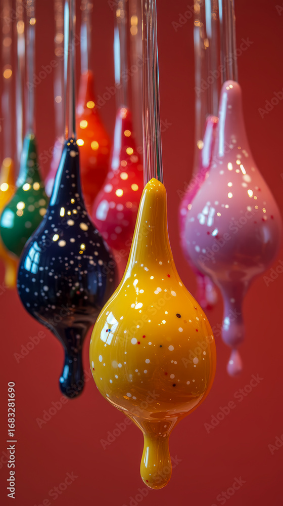 Poster captivating display of colorful speckled glass art objects with whimsical dripping effect, suspended
