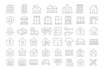 Fototapeta premium Set of 50 Line Icons Related to Apartment, Flat, Home, Architecture, Property, Building, Residential, Editable Stroke.
