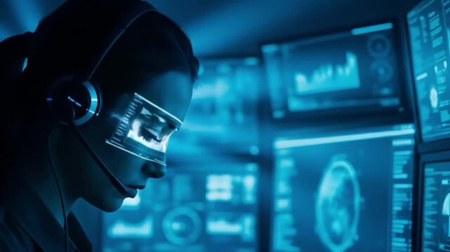Futuristic Operator Monitors Global Data Streams