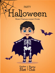 Boy dressed as a skeleton for Halloween. Costume, skeleton, bat, spider web, and spider. Halloween invitation. Concept of banner, greeting card, invitation, poster. Vector illustration.
