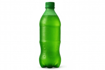 Green soda bottle sweating condensation droplets, highlighting cool liquid refreshment against transparent backdrop