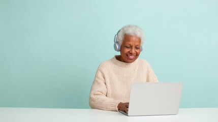 Smiling elderly woman wearing headphones and working on a laptop. Concept of online communication, learning, and digital literacy for seniors.