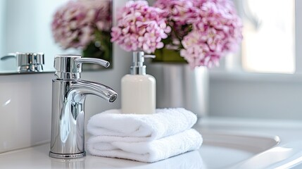 A chrome faucet, white soap dispenser, and neatly folded white hand towels sit on a white bathroom sink, with a blurred background of pink hydrangeas