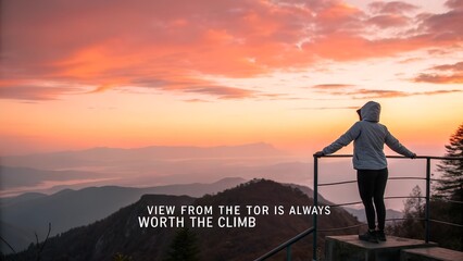 Obraz premium Woman enjoying the beautiful mountain sunrise from a viewpoint.
