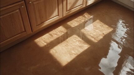 Reflection of sunlight on wet floor in kitchen with wooden cabinets creating a serene and inviting atmosphere after a rain or cleaning session