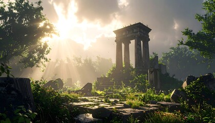 Fototapeta premium Ancient Ruin and Sun Rays in Lush Forest Landscape